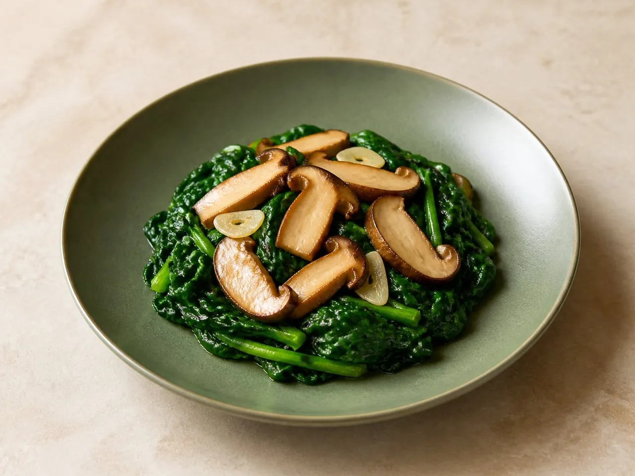 牛肝菌炒嫩菠菜成品